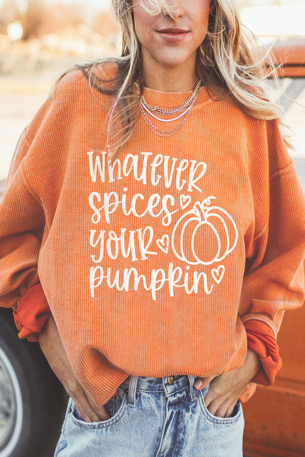 Pumpkin Letter Print Oversized Corduroy Sweatshirt Ti Amo I love you