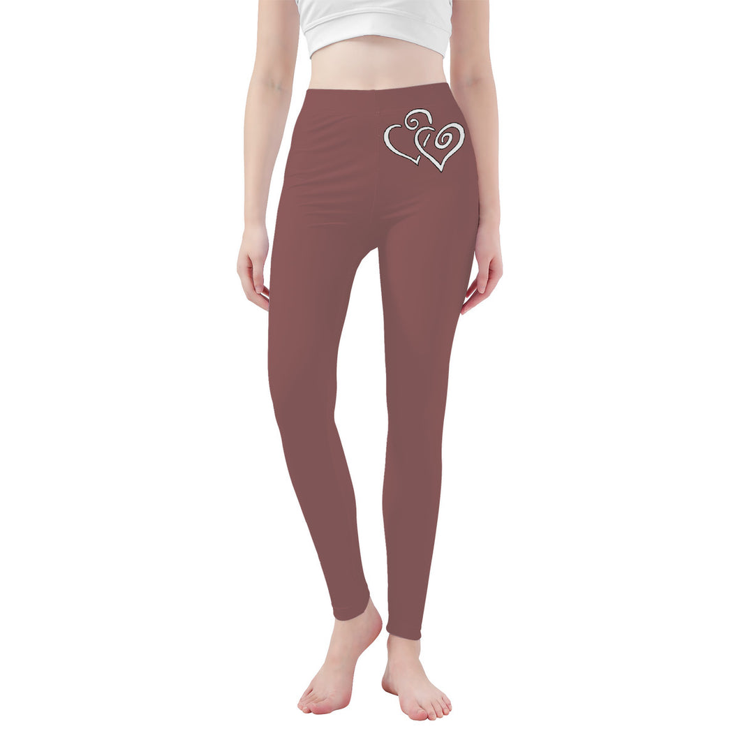 Ti Amo I love you - Exclusive Brand - Rose Taupe - Double White Heart -Womens / Teen Girls / Womens Plus Size - Yoga Leggings - Sizes XS-3XL