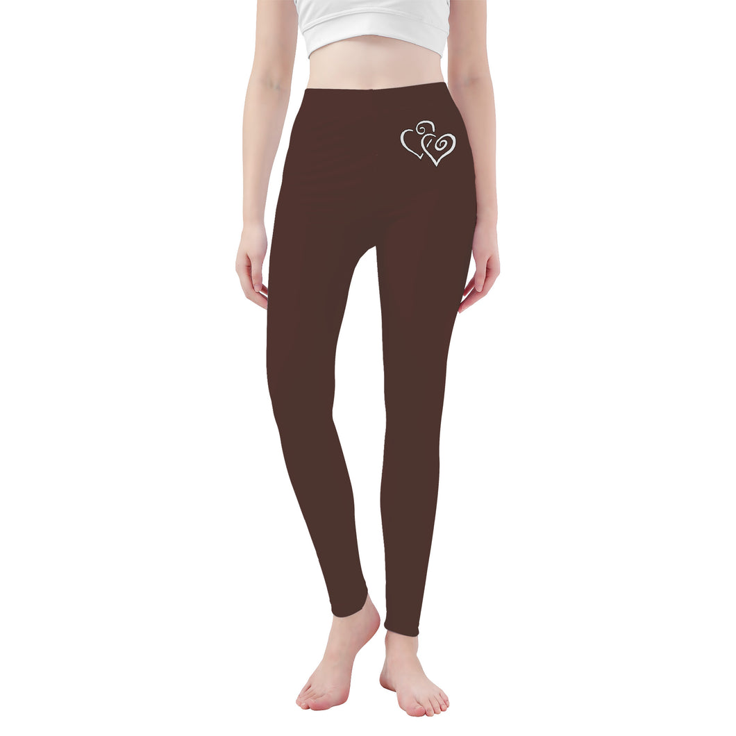 Ti Amo I love you - Exclusive Brand - American Mahogany - Double White Heart - Womens / Teen Girls  / Womens Plus Size  - Yoga Leggings - Sizes XS-3XL