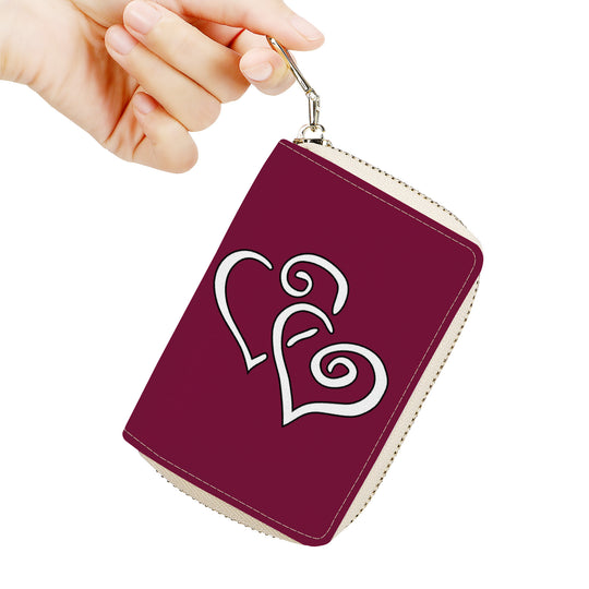 Ti Amo I love you - Exclusive Brand - Claret Red - Double White Heart - PU Leather - Zipper Card Holder