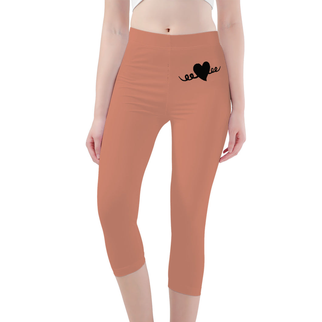 Ti Amo I love you - Exclusive Brand - Pale Copper - Black Heart - Womens / Teen Girls / Womens Plus Size - Capri Yoga Leggings - Sizes XS-3XL