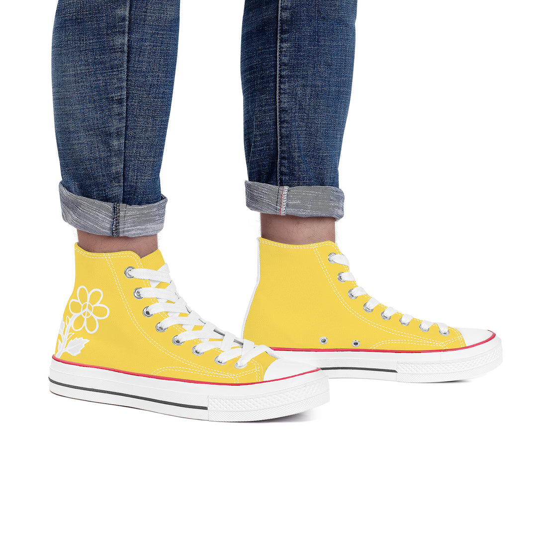 Ti Amo I love you - Exclusive Brand - Mustard Yellow - White Daisy - High Top Canvas Shoes - White  Soles
