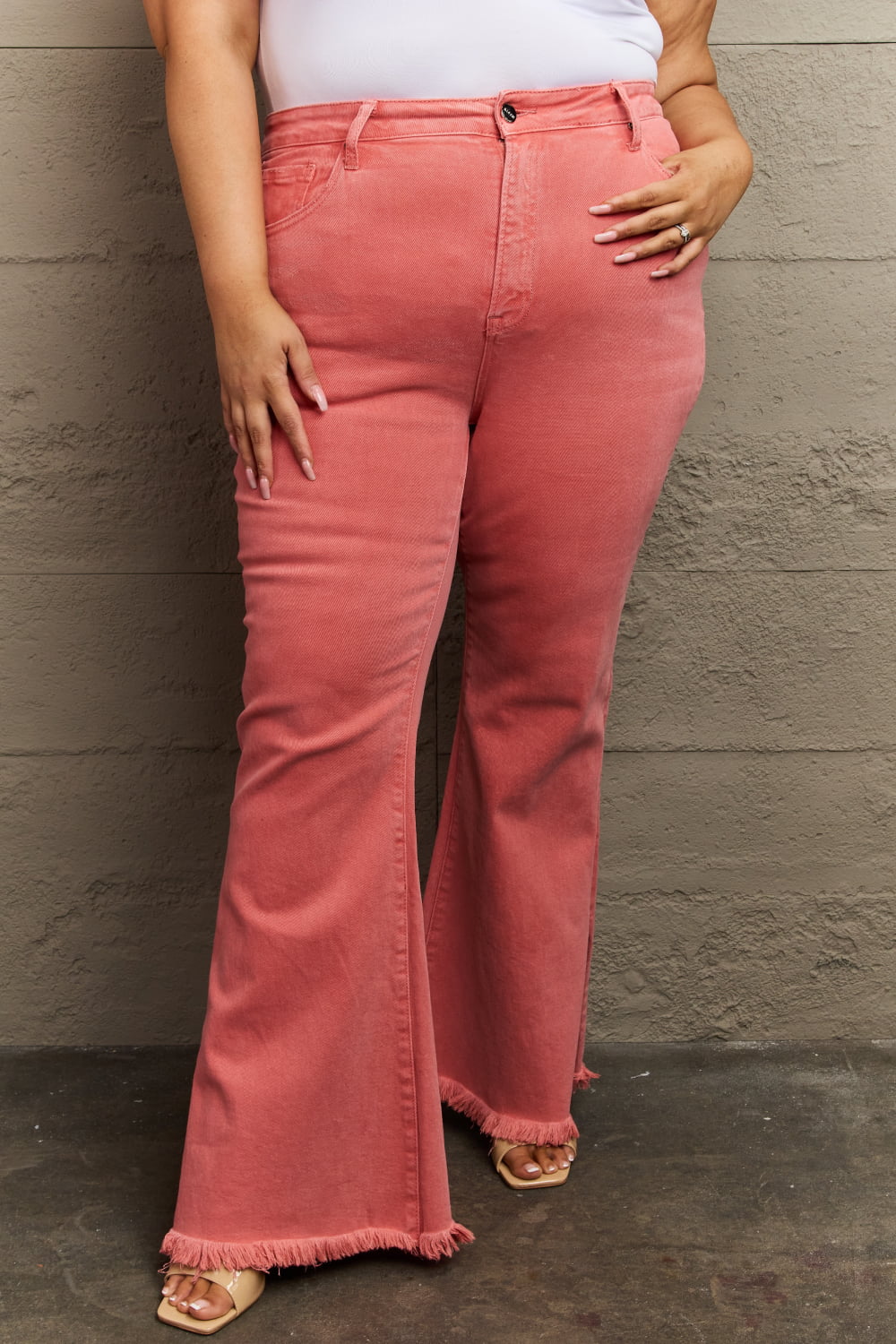 RISEN Bailey Full Size High Waist Side Slit Flare Jeans - Sizes 0-15 & 1X-3X Ti Amo I love you