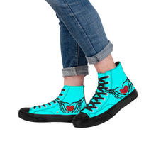 Load image into Gallery viewer, Ti Amo I love you - Exclusive Brand  - Aqua / Cyan - Skeleton Hands wit Heart - High Top Canvas Shoes - Black  Soles
