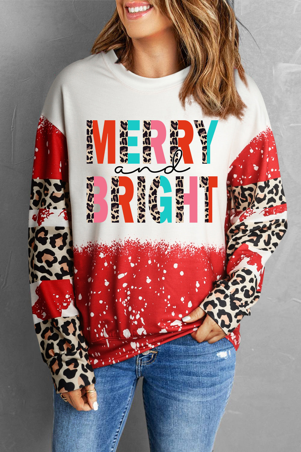 Red MERRY and BRIGHT Leopard Print Crew Neck Top Ti Amo I love you