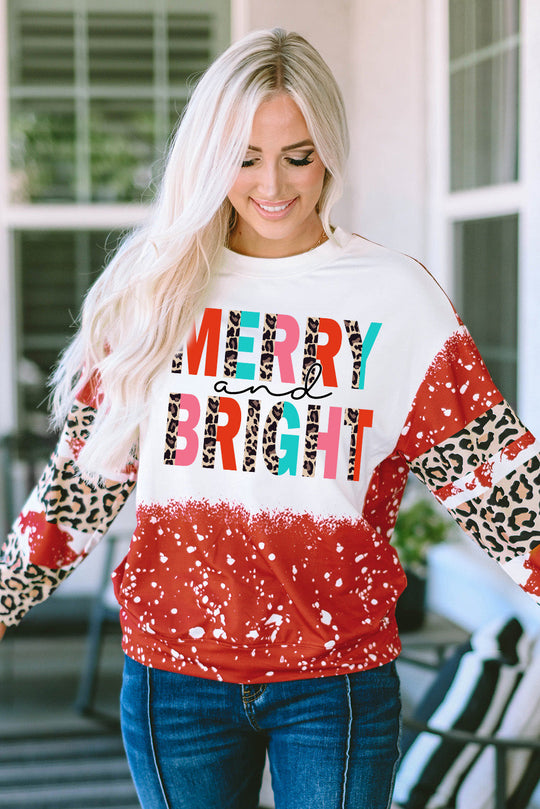 Red MERRY and BRIGHT Leopard Print Crew Neck Top Ti Amo I love you