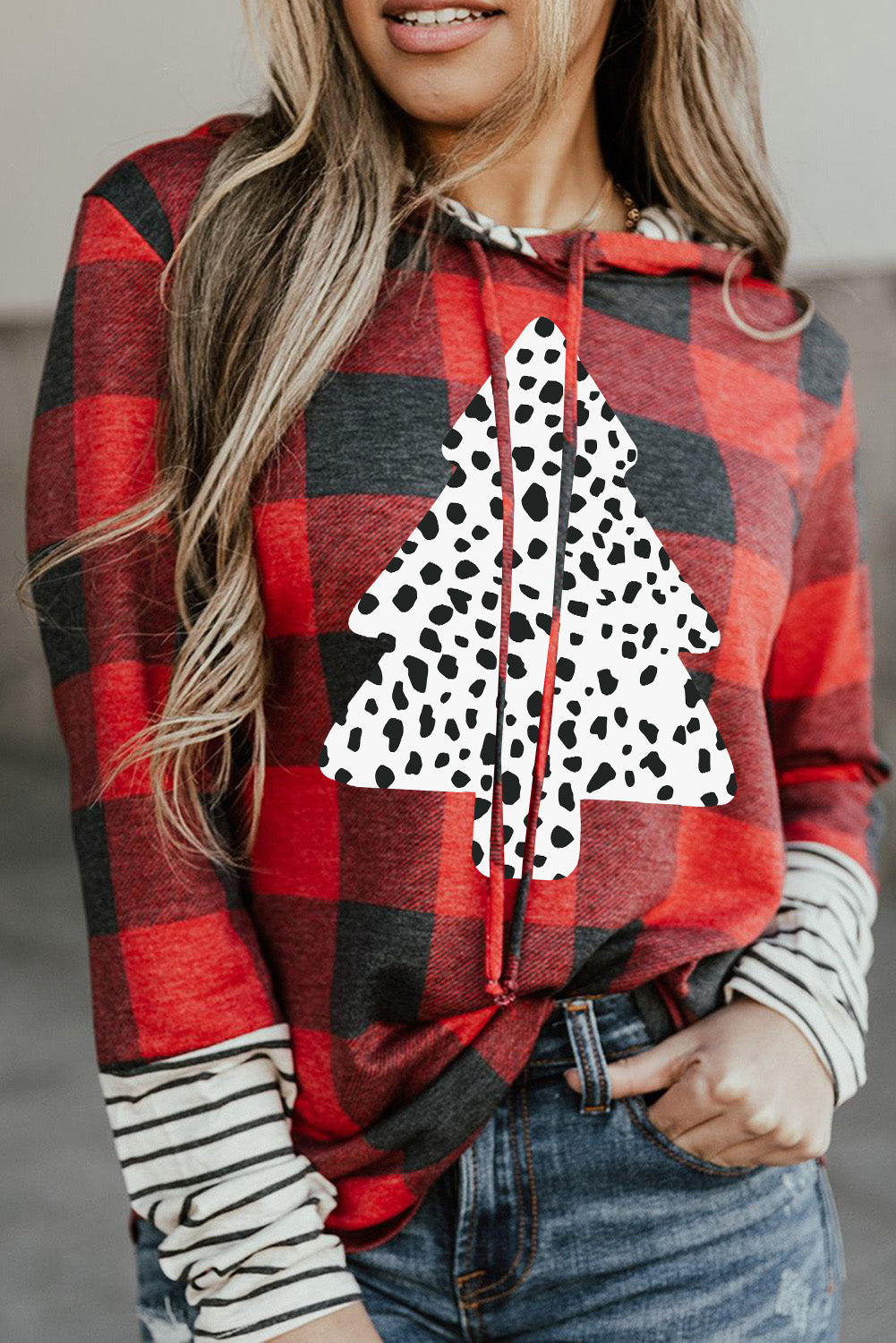 Red Plaid Patch Sleeve Leopard Christmas Tree Graphic Hoodie Ti Amo I love you