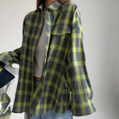 Retro All Matching Collared Loose Shirt Autumn Plaid Long Sleeve Pocket Women Shirt Ti Amo I love you