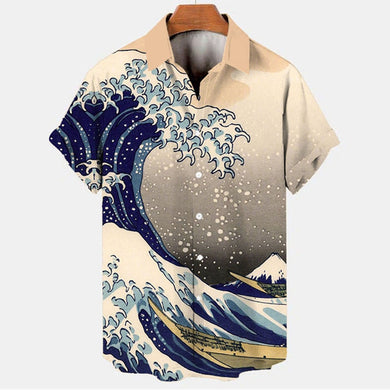 Retro Ocean Wave 3d Printing Men's Hawaiian Shirts Casual Fashion Summer Men's Shirts Plus Size Short Sleeves Lapel Loose Tops Ti Amo I love you