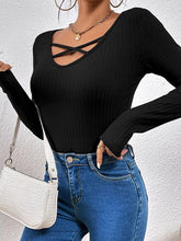 Load image into Gallery viewer, Ribbed Crisscross V-Neck Long Sleeve Knit Top Ti Amo I love you
