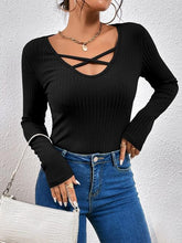 Load image into Gallery viewer, Ribbed Crisscross V-Neck Long Sleeve Knit Top Ti Amo I love you
