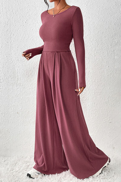 Ribbed Round Neck Top and Wide-Leg Pants Set Ti Amo I love you
