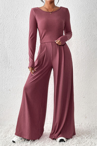 Ribbed Round Neck Top and Wide-Leg Pants Set Ti Amo I love you