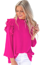 Load image into Gallery viewer, Rose Button Keyhole Back Pleated Ruffle Trim Blouse Ti Amo I love you
