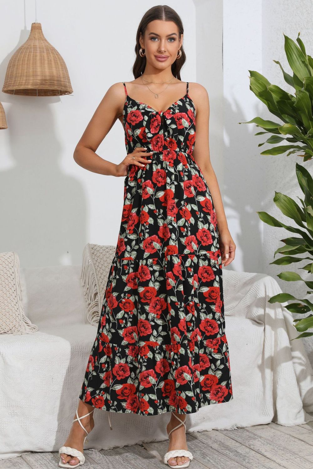 Rose Print Spaghetti Strap Sweetheart Neck Dress Ti Amo I love you