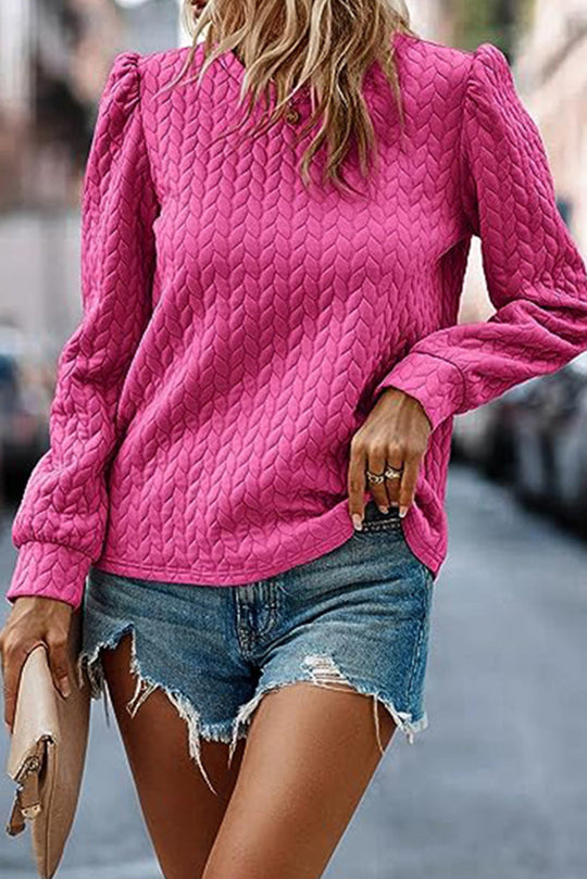 Rose Red Cable Textured Puff Sleeve Sweatshirt Ti Amo I love you