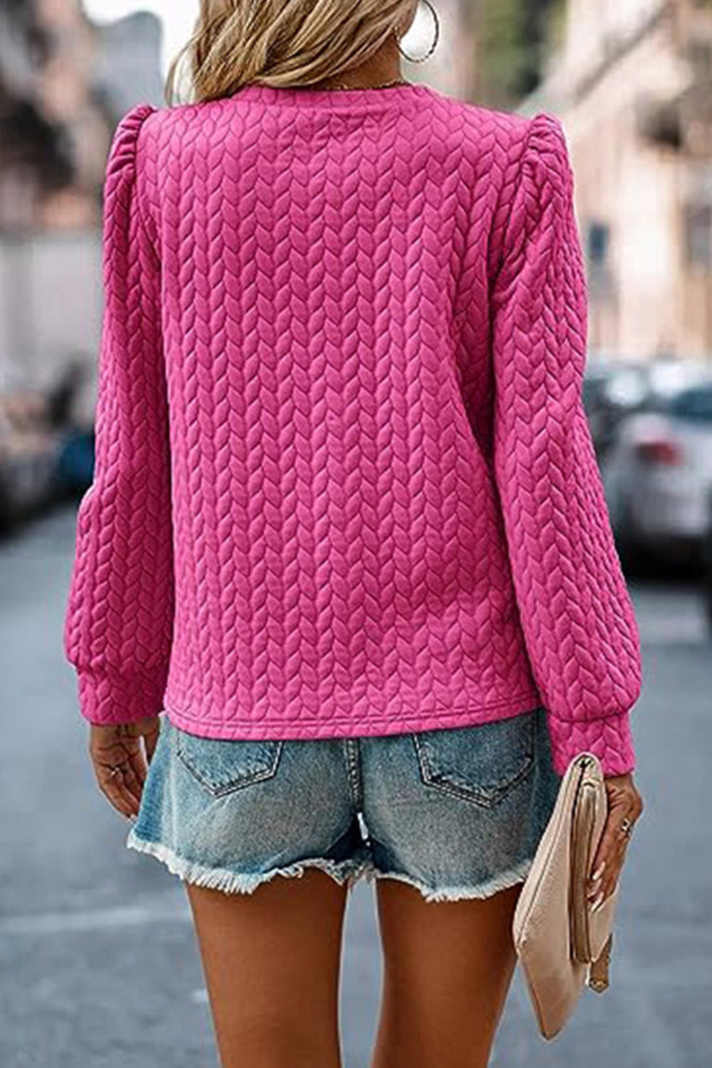 Rose Red Cable Textured Puff Sleeve Sweatshirt Ti Amo I love you