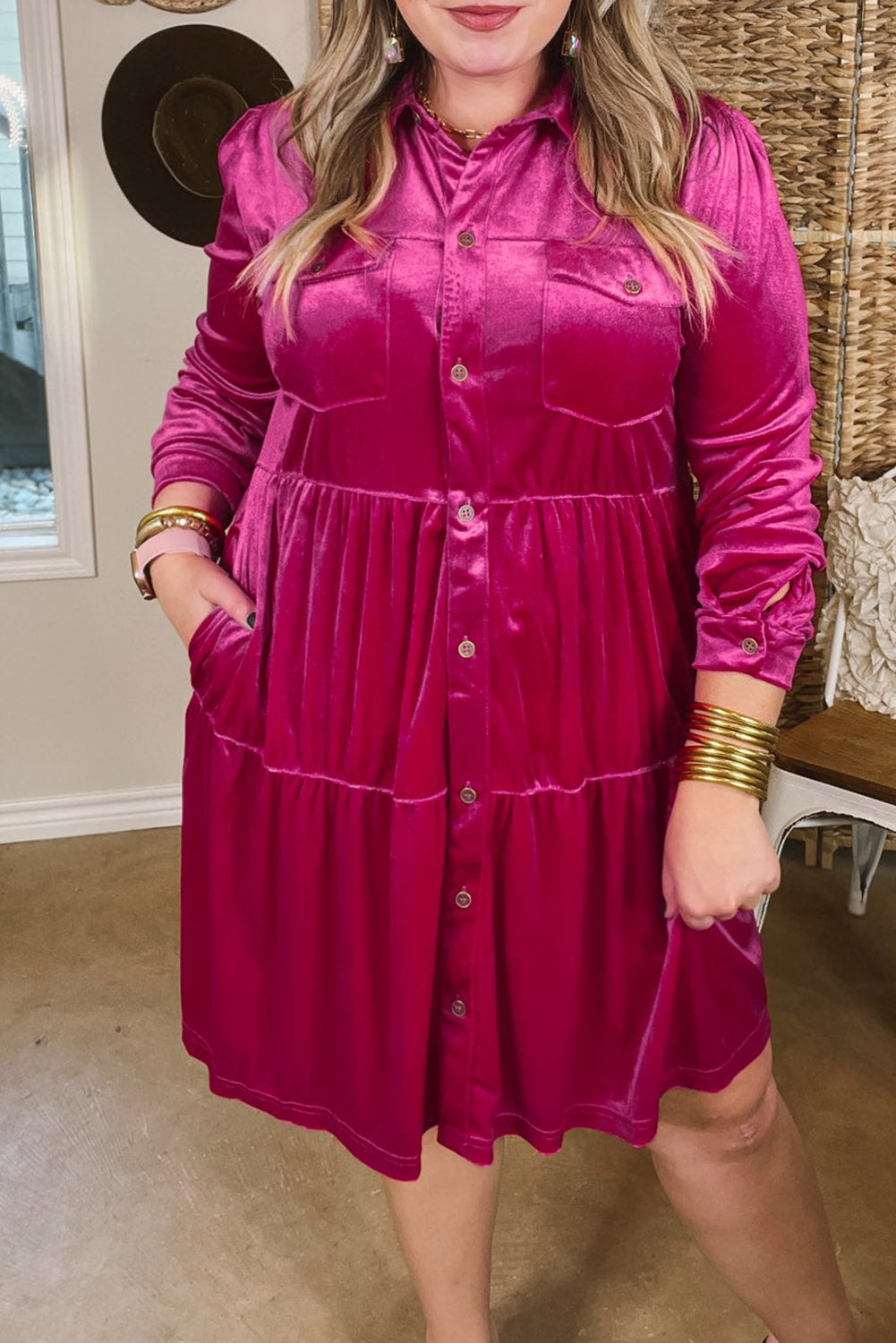 Rose Red Plus Size Velvet Long Sleeve Button-Up Tiered Dress Ti Amo I love you
