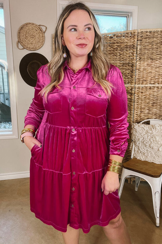 Rose Red Plus Size Velvet Long Sleeve Button-Up Tiered Dress Ti Amo I love you