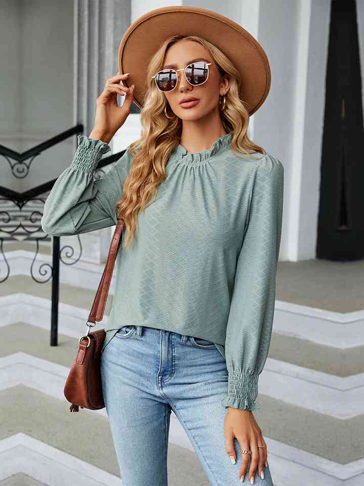 Round Neck Flounce Sleeve Blouse Ti Amo I love you