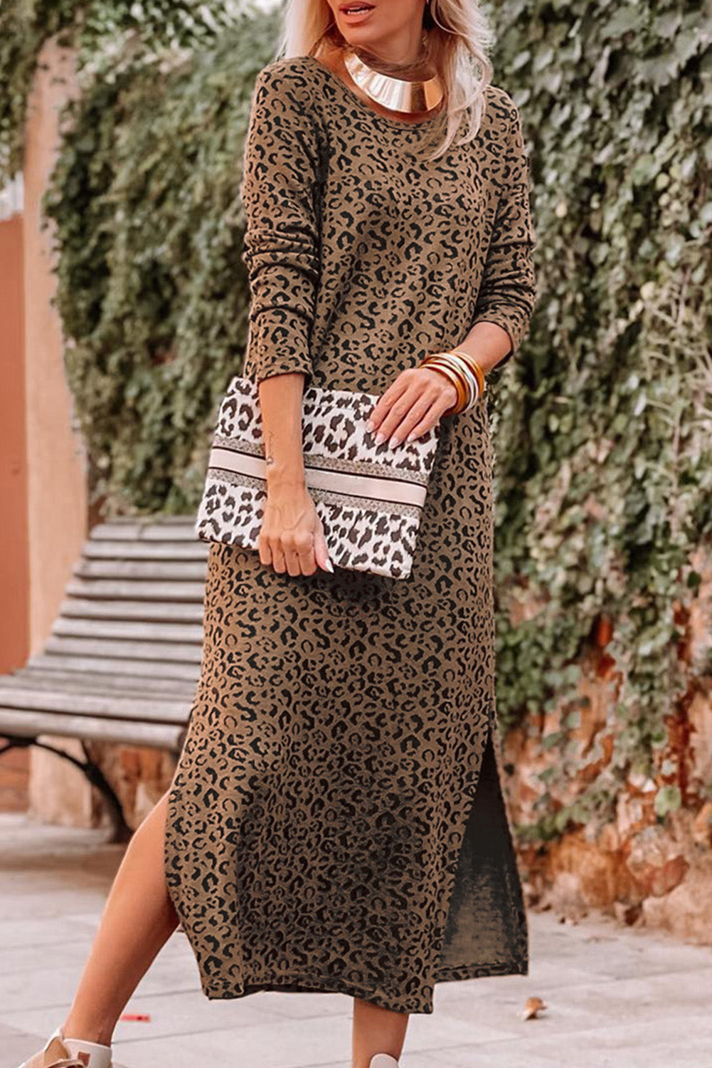 Round Neck Leopard Print Long Sleeve Slit Dress - Sizes S-XL 