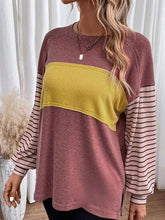 Load image into Gallery viewer, Round Neck Striped Long Sleeve Slit T-Shirt Ti Amo I love you
