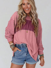 Load image into Gallery viewer, Round Neck Striped Long Sleeve Slit T-Shirt Ti Amo I love you
