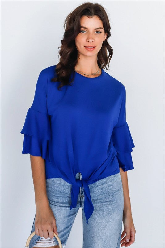 Royal Blue Tie Detail Bell Midi Sleeve Top - Only Sizes M, XL Left Ti Amo I love you