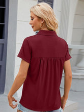 Load image into Gallery viewer, Ruched Johnny Collar Short Sleeve Blouse Ti Amo I love you
