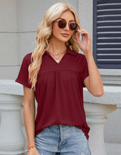 Load image into Gallery viewer, Ruched Johnny Collar Short Sleeve Blouse Ti Amo I love you
