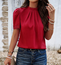 Load image into Gallery viewer, Ruched Mock Neck Short Sleeve Blouse Ti Amo I love you
