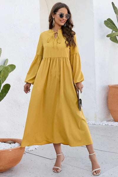 Ruched Tie Neck Balloon Sleeve Midi Dress Ti Amo I love you