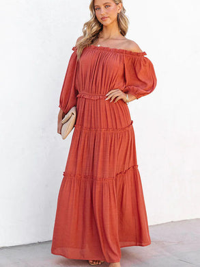 Ruffle Trim Off Shoulder Long Sleeve Maxi Dress - Sizes S-XL Ti Amo I love you