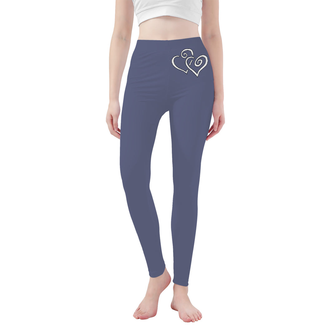 Ti Amo I love you - Exclusive Brand - Jet Grey - Double White Heart -Womens / Teen Girls / Womens Plus Size - Yoga Leggings - Sizes XS-3XL