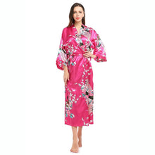 Load image into Gallery viewer, Womens Silk Satin Kimono Robes Long Sleepwear Dressing Gown Floral Peacock Printed Pattern Party Wedding Bridesmaid Bathrobe - Sizes S-XXXL
