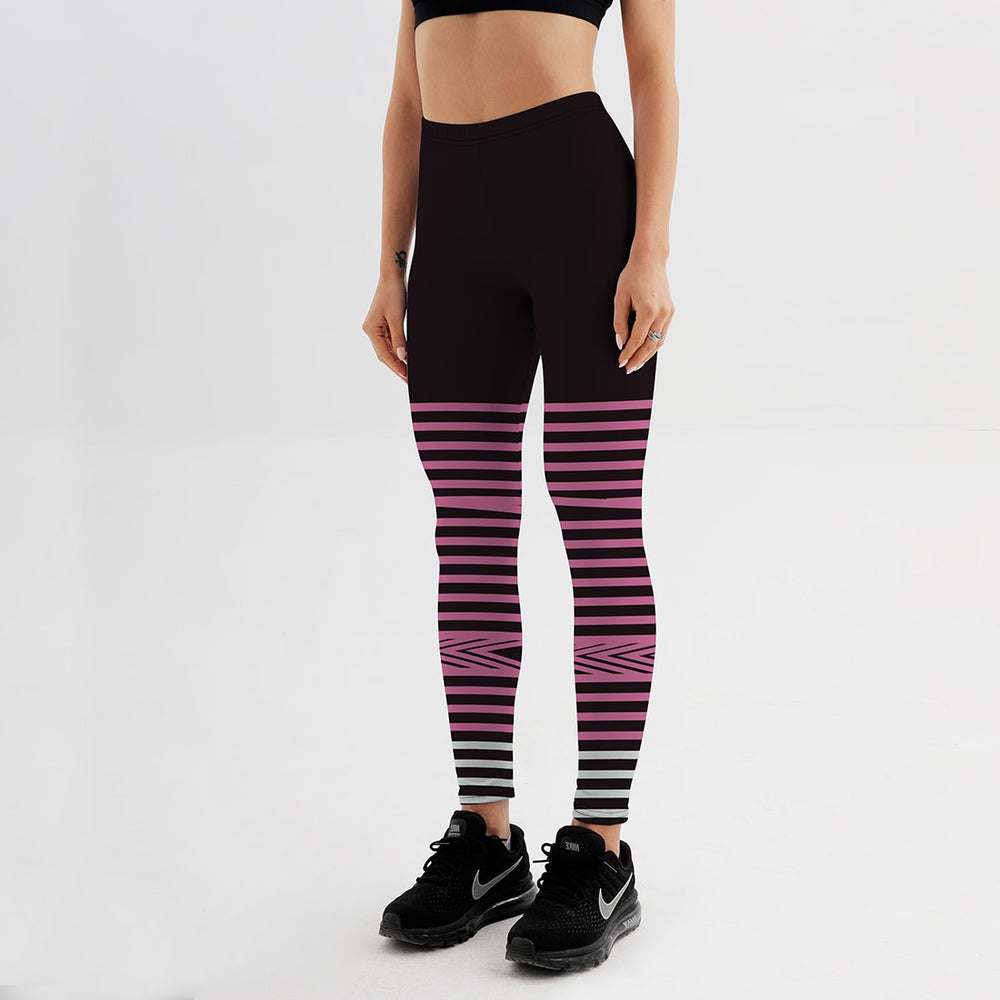 Womens / Teen Girls - Fitness Workout Black - Pink Stripe Elastic Leggings Pants - Sizes S-2XL