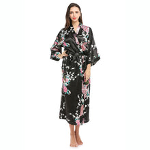 Load image into Gallery viewer, Womens Silk Satin Kimono Robes Long Sleepwear Dressing Gown Floral Peacock Printed Pattern Party Wedding Bridesmaid Bathrobe - Sizes S-XXXL
