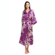 Load image into Gallery viewer, Womens Silk Satin Kimono Robes Long Sleepwear Dressing Gown Floral Peacock Printed Pattern Party Wedding Bridesmaid Bathrobe - Sizes S-XXXL
