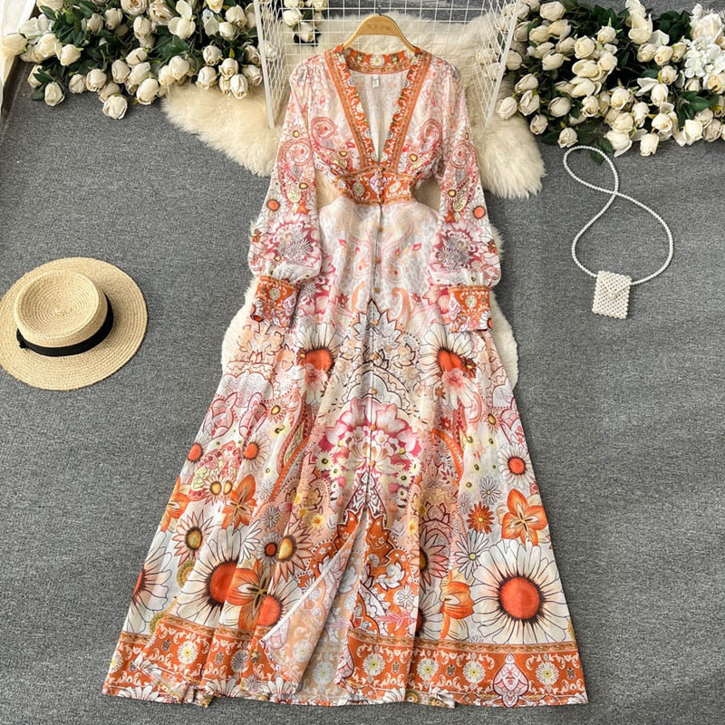 Womens - Designer Deep V-Collar Maxi Dresses - Lantern Sleeves - Vintage Printing Vacation Long Dress