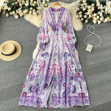 Load image into Gallery viewer, Womens - Designer Deep V-Collar Maxi Dresses - Lantern Sleeves - Vintage Printing Vacation Long Dress
