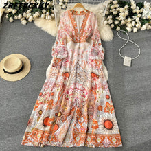 Load image into Gallery viewer, Womens - Designer Deep V-Collar Maxi Dresses - Lantern Sleeves - Vintage Printing Vacation Long Dress
