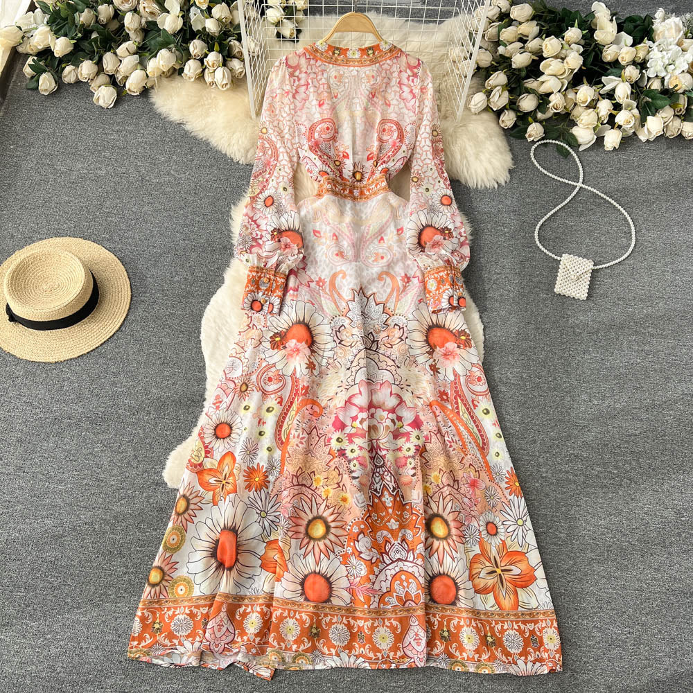 Womens - Designer Deep V-Collar Maxi Dresses - Lantern Sleeves - Vintage Printing Vacation Long Dress