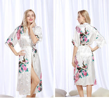 Load image into Gallery viewer, Womens Silk Satin Kimono Robes Long Sleepwear Dressing Gown Floral Peacock Printed Pattern Party Wedding Bridesmaid Bathrobe - Sizes S-XXXL
