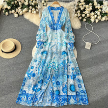 Load image into Gallery viewer, Womens - Designer Deep V-Collar Maxi Dresses - Lantern Sleeves - Vintage Printing Vacation Long Dress
