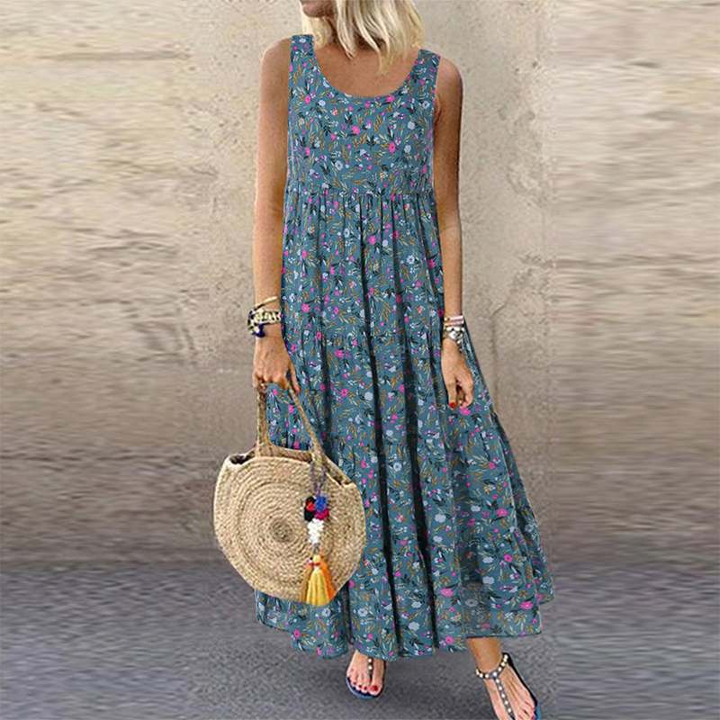Women Bohemian Maxi Dress Summer Casual O Neck Sleeveless Tank Long Dresses Vintage Floral Print Loose Beach Sundress