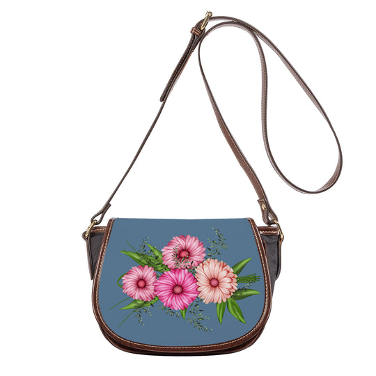 Ti Amo I love you - Exclusive Brand - Slate Blue - Pink Floral - Saddle Bag