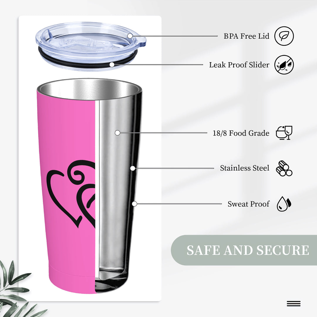 Ti Amo I love you - Exclusive Brand - Hot Pink - Double Black Heart - 20oz Stainless Steel Straw Lid Cup