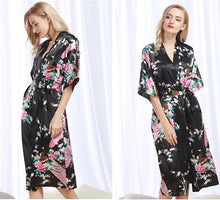 Load image into Gallery viewer, Womens Silk Satin Kimono Robes Long Sleepwear Dressing Gown Floral Peacock Printed Pattern Party Wedding Bridesmaid Bathrobe - Sizes S-XXXL
