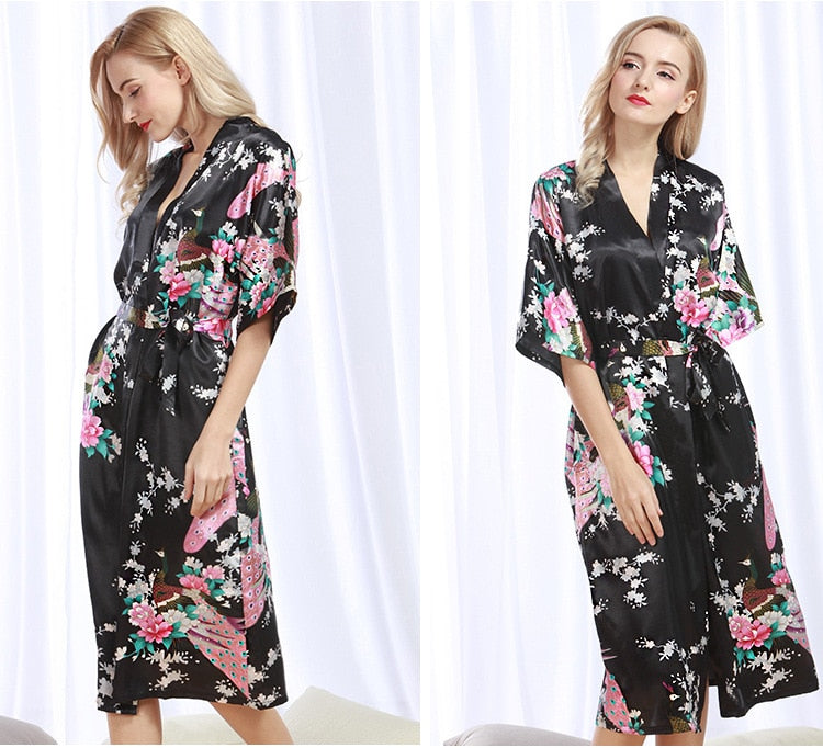 Womens Silk Satin Kimono Robes Long Sleepwear Dressing Gown Floral Peacock Printed Pattern Party Wedding Bridesmaid Bathrobe - Sizes S-XXXL