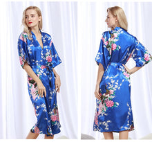 Load image into Gallery viewer, Womens Silk Satin Kimono Robes Long Sleepwear Dressing Gown Floral Peacock Printed Pattern Party Wedding Bridesmaid Bathrobe - Sizes S-XXXL
